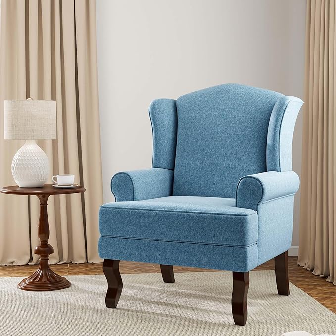 Accent Chair, High Back Upholstered Armchair with High Resilience Sponge & Wood Legs, Mid-Century Modern Comfy Single Sofa Reading Chairs for Living Room, Bedroom (Blue, Set of 2)
