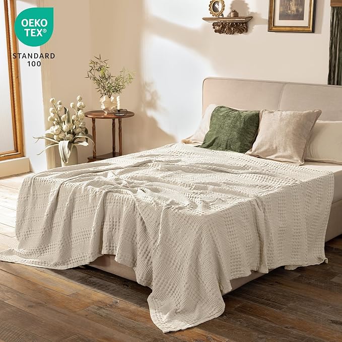 PHF Cooling Waffle Blanket Twin Size, Lightweight 60% Rayon Derived from Bamboo & 40% Cotton Breathable Blanket for Hot Sleepers, Soft and Luxury for Bed Couch and Sofa, 66"x90", Linen