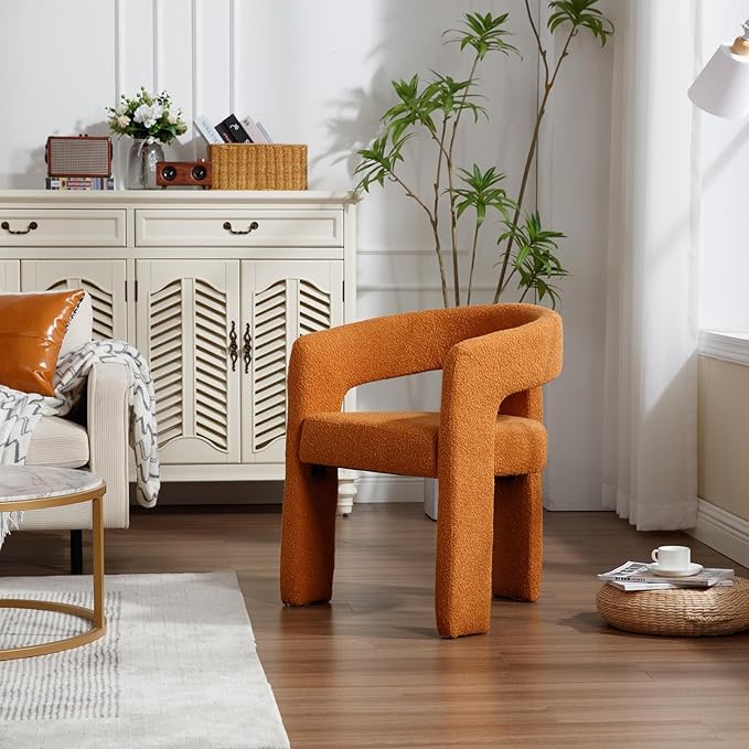 Orange Sherpa Dining Chairs Set of 4, Modern Barrel Dining Room Chairs Upholstered Faux Fur Accent Chair with Arms and Round Back for Living Room Kitchen Armchair No Assembly Needed