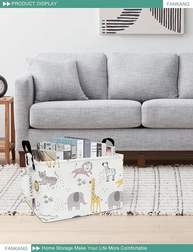 FANKANG Storage Bins, Nursery Hamper Canvas Laundry Basket Foldable with Waterproof PE Coating Large Storage Baskets for Kids Boys and Girls, Office, Bedroom, Clothes,Toys(Rec-Lovely Animals )