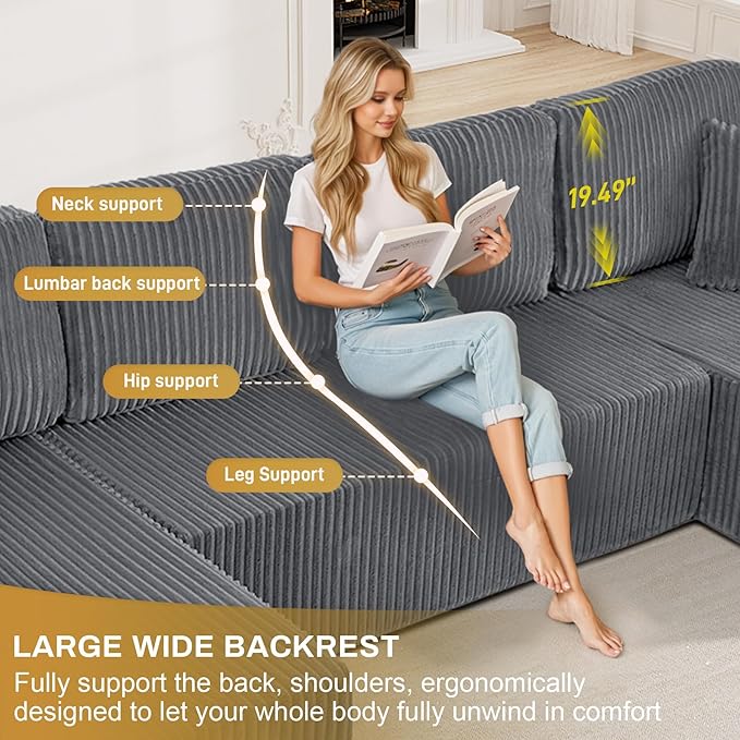HYJT-H&K Modular Sectional Sofa Cloud Secttional Couch, 132" Comfy U Shaped Couches for Living Room, Deep Seat Memory Foam Fluffy Plush Corduroy Boneless Couch Sectionals with Chaise, Grey
