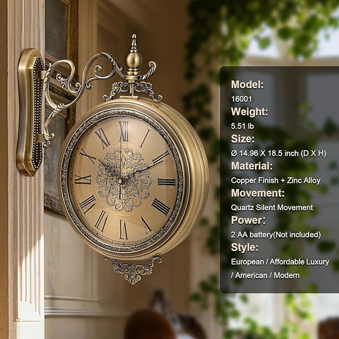 Large Vintage Double Sided Wall Clock with Glass & Metal, Roman and Arabic Numerals, Silent Non-Ticking Battery Operated Antique Clock for Living Room, Office, Hallway Decor (15x18.5 Inch)