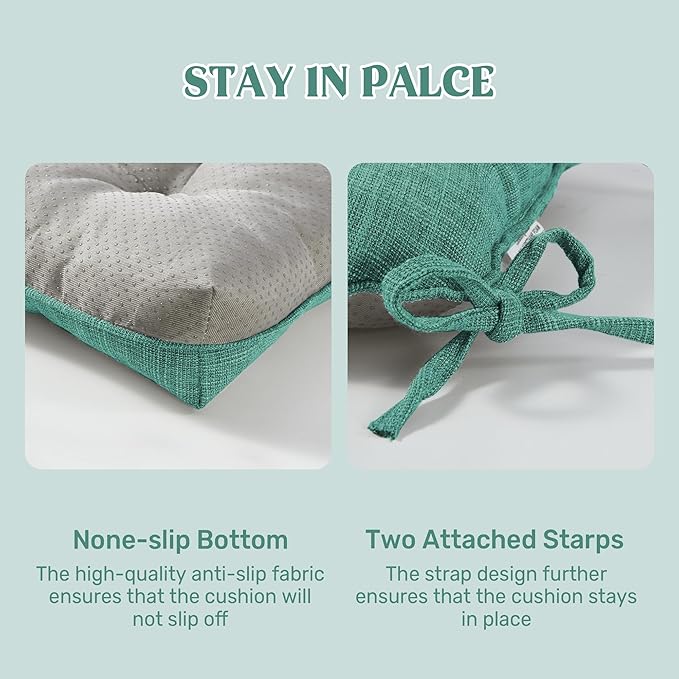 puredown® Chair Cushions for Dining Chairs, Tufted Memory Foam Chair Pads with Non-Slip Backing, Kitchen Seat Cushions with Ties, Washable Seat Pad Set of 4, 15.5" x 15.5" x 4", Green