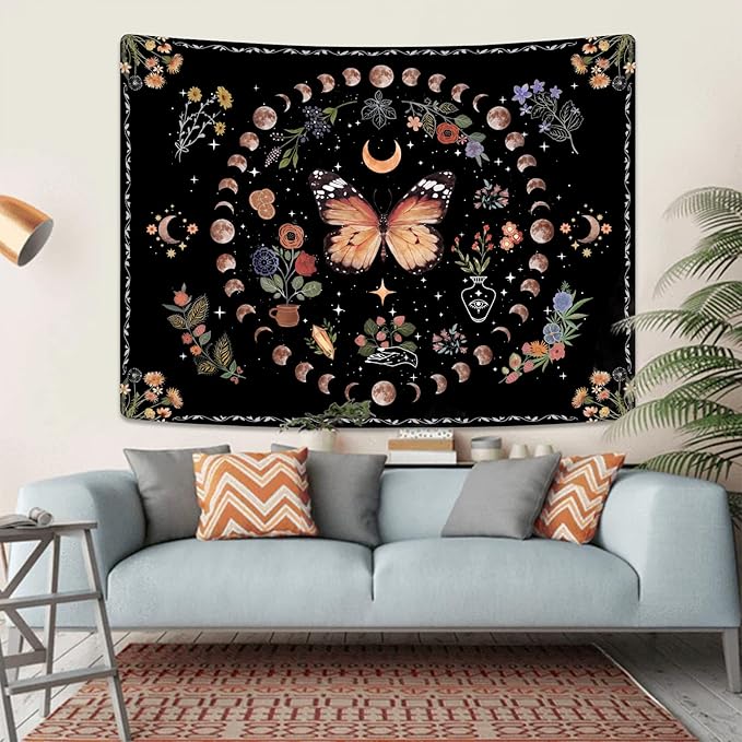 Fowocu Orange Butterfly Moon Flower Tapestry Boho Floral Plant Tapestries for Bedroom Aesthetic Tapastry's Wall Hanging Mandala Botanical Wall Tapestry for Living Room Dorm (Yellow, 80'' × 60'')