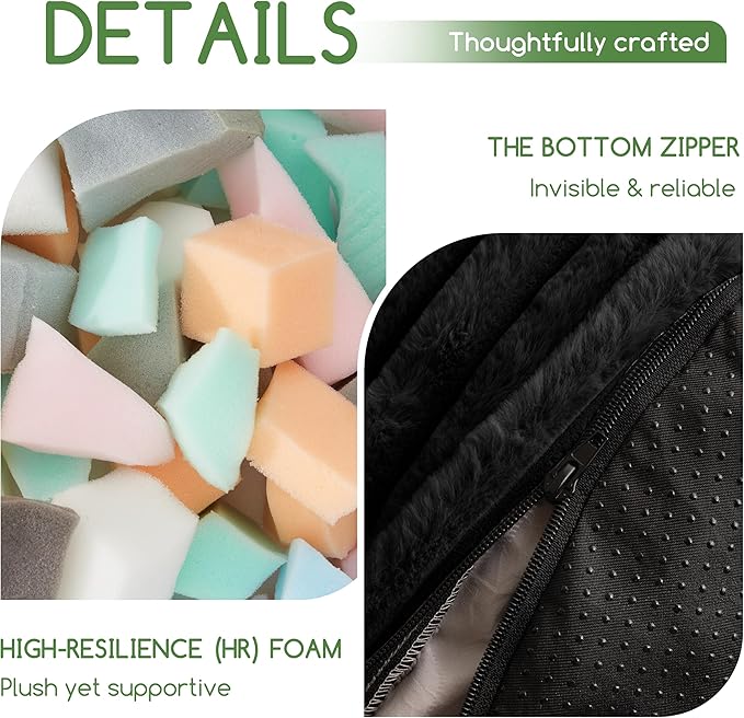 HIGOGOGO Round Stuffed Pouf Ottoman, Stripe Faux Fur Poufs with Foam Chunk Filling, Furry and Fluffy Pouf Foot Stool Storage Ottoman, 26 X 18 Floor Poufs Foot Rest for Living Room, Black