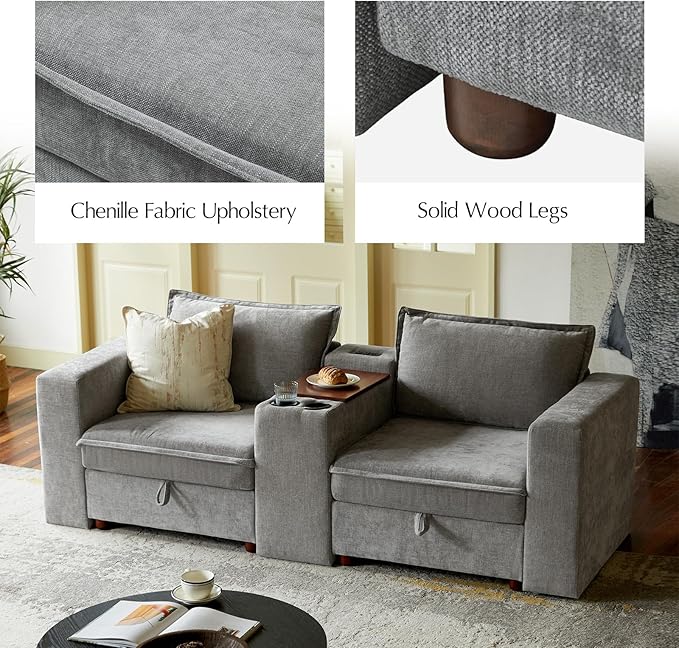 HULALA HOME Modular Sectional Sofa with USB Port and Console, 8 Seater Sofa with Storage Ottoman, Oversized L Shaped Couches for Living Room, FSC Certified, Grey