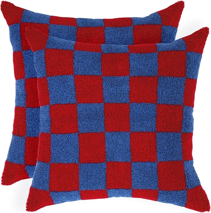 Alysheer Checkered Embroidered Decorative Throw Pillow Covers 18"x 18" Set of 2, Classic Chic Red Blue Plaid Tufted Patterned Cotton Canvas Cushion Case for Sofa Couch Bed Living Room