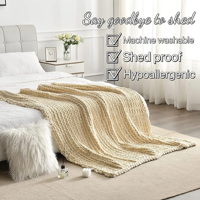 Maetoow Tighter Version Chenille Chunky Knit Blanket Throw (40×50 Inch), Handmade Warm & Cozy Blanket Couch, Bed, Home Decor, Soft Fleece Banket, Boho Thick Blankets and Giant Yarn Throws,Beige