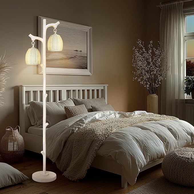 Scenekoy Rustic 68” Tall Floor Lamp with Rattan Shade, Retro Standing Lamp Tree Trunk Washed White Finish & Resin Body, Dimmable Corner Lamp with Bulb Prefer for Living Room Bedroom Home Decor