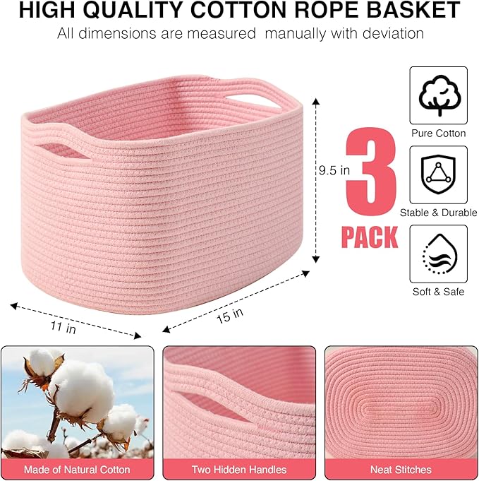 Storage Baskets for Organizing Shelves, Pink Basket for Nursery, Woven Cotton Rope Baskets for Storage, Towel Basket for Bathroom, 15"x11"x9.5", 3 Packs, Light Pink