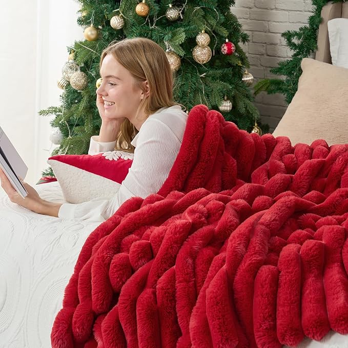Cozy Bliss Faux Fur Throw Blanket for Couch, Cozy Warm Plush Striped Blanket for Sofa Bedroom Living Room,60 * 80 Inches Cardinal Red