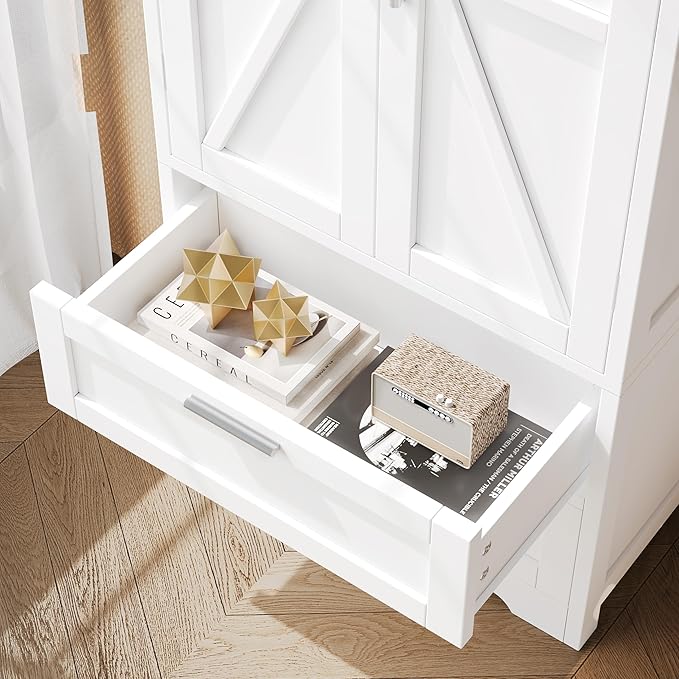 50.4" H Bathroom Storage Cabinet, Modern Floor Cabinet with Adjustable Shelf, Small Pantry with 2 Doors & Drawers, Storage Cabinet for Bathroom, Living Room, Kitchen, White KES007WCWG