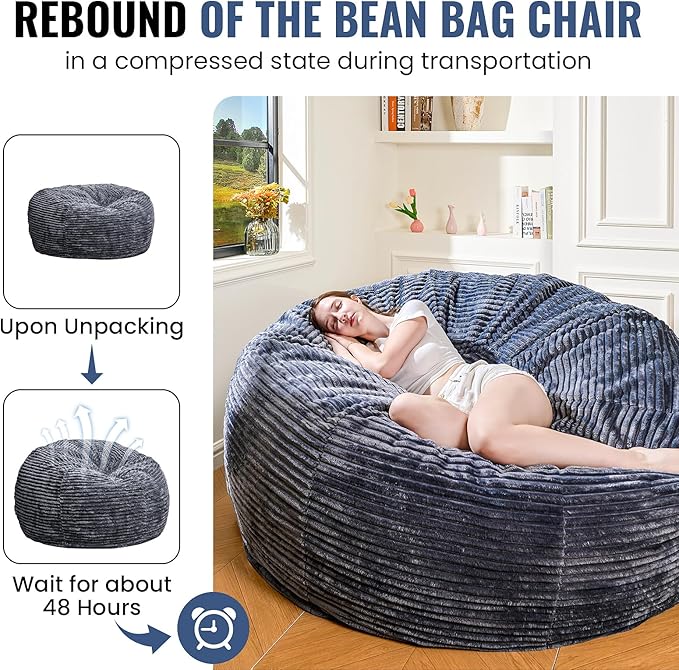 Large Bean Bag Chair, 6FT Giant Beanbag Chairs with Memory Foam Filled, Bean Bag Chairs for Adults, Ultra Soft Lazy Sofa for Living Room Bedroom (Grey)