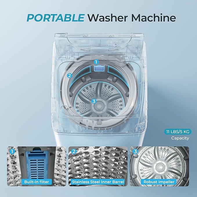 Euhomy 1.59 Cu.Ft. Portable Washing Machine, 11 LBS Capacity, 8 Functions, 8 Water Levels,Full Size Washing Machine with Drain Pump and LED Display for Apartments, RVs, Homes, Gray