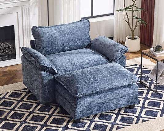 Karl home Oversized Accent Chair Chenille Sofa with Chaise, Modern Sofa Chair with Removable Ottoman Modular 1-Seater Couch and 2-Layer Ottoman for Living Room, Apartment, Studio, Dusty-Blue