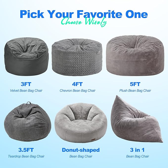 Hobestluk 3 in 1 Bean Bag Chair Giant Bean Bag Chairs for Adults with Chevron Plush Fur Cover Convertible Bean Bag Floor Cushion with Machine Washable Cover for Living Room (Plush Grey)