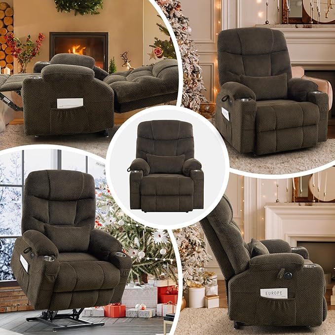Oversized Dual Motor Lay Flat Power Lift Recliner Chair with Massage, Heating, Lumbar Pillow, USB & Type-C Ports, Textile Lift Chairs Recliners, Large Recliner for Big & Elderly People - Brown