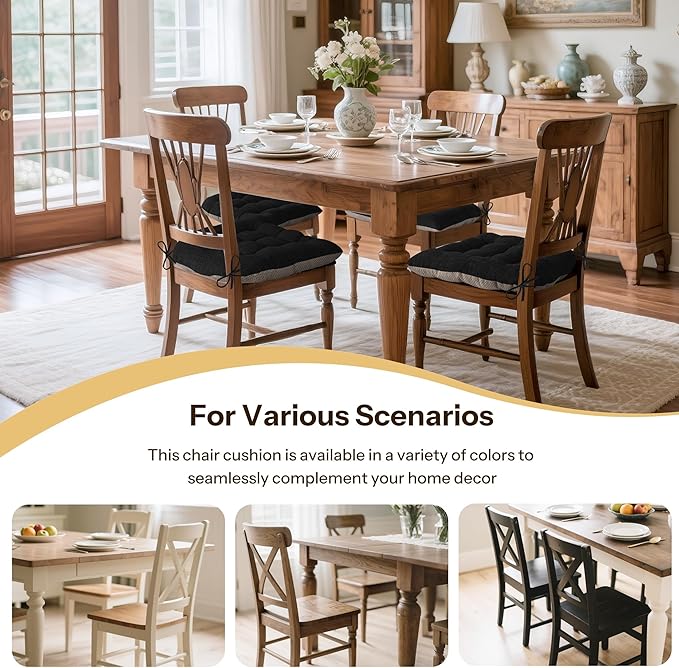 Non Slip Chair Cushions for Dining Chairs Set of 4 Kitchen Chair Cushions 18"x18"x3" Turfted Chair Pads Comfortable and Soft Seat Cushion with Ties, Black