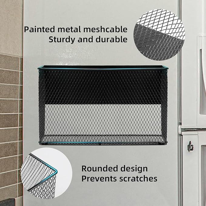 Black Magnetic Basket - Refrigerator Spice Rack & File Holder Locker Organizer - Wire Mesh Magnetic Shelf for Kitchen Storage