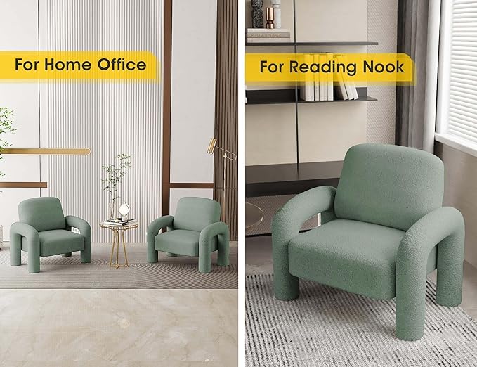 Modern Sherpa Accent Chair, Teddy Upholstered Arm Single Sofa, Cozy Fluffy Reading Chair for Living Room, Bedrooms, Corner (Mint Green)