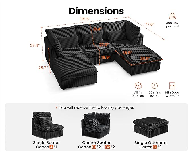Oversized Modular Sofa, Extra Deep Cloud Corduroy Sectional Couch with Ottoman Chaise, Fluffy Corduroy 5 Seater Sofa Bed for Living Room, Villa (U Shape 5 Seater, Corduroy Black)