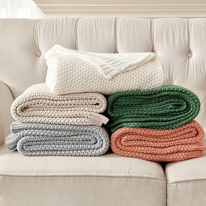 Joydeco Chunky Cable Knit Throw Blanket, Lightweight 100% Organic Cotton Soft Cozy Throw Twin Blanket for Couch Bed and Sofa, Rustic Breathable Farmhouse Blanket Gift for Women Men(Beige, 60"x80")