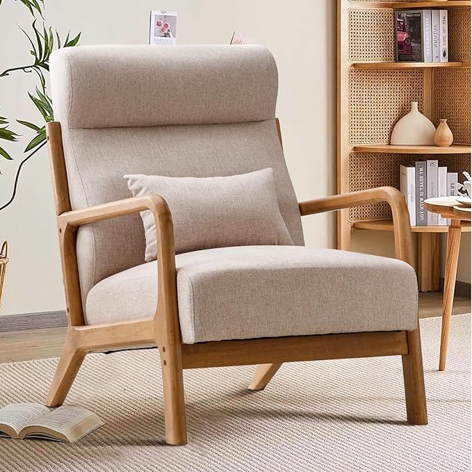 INZOY Mid Century Modern Accent Chair with High Back, Upholstered Living Room Chairs with Waist Cushion, Wood Frame Reading Armchair for Bedroom Sunroom, Beige