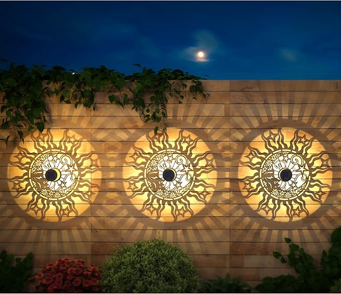 4 Pack Solar Fence Lights Metal Solar Powered Outdoor Wall Deck Lights Sun Moon Theme Waterproof Fence Light for Garden Post Patio Backyard Yard Decor (Face, 4 Pack)