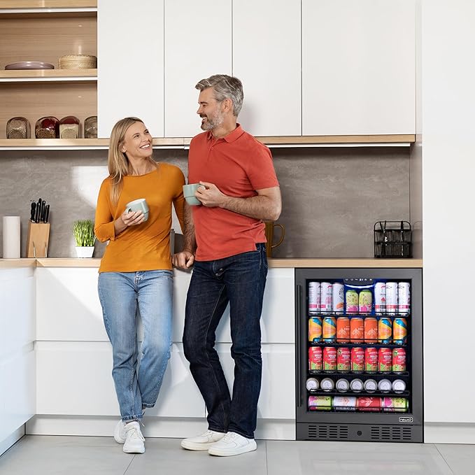 Newair 24" Beverage Refrigerator 177 Can Capacity, Black Stainless Steel Mini Fridge with Built-in Cooler and Glass Door, Cool your Soda, Beer, and Beverages to 37F