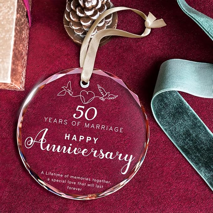 50th Wedding Anniversary Glass Ornament – Elegant Clear Glass Christmas Tree Decoration & Golden Anniversary Keepsake Gift for Parents, Grandparents, or Couples Celebrating 50 Years