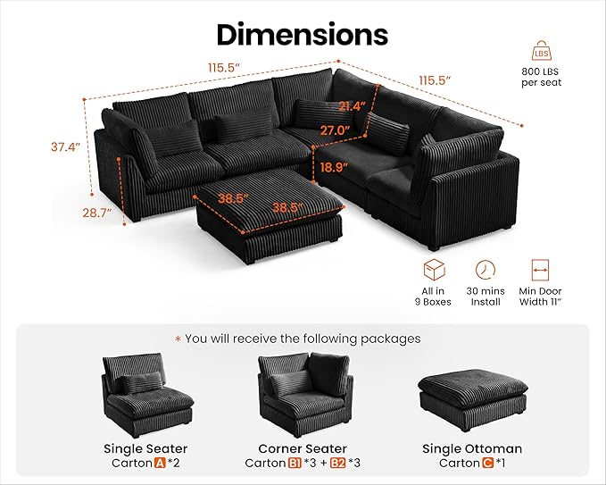 Oversized Modular Sofa, Extra Deep Cloud Corduroy Sectional Couch with Ottoman Chaise, Fluffy Chenille Corner V Shape Sofa for Living Room, Villa (Corner V Shape+Ottoman, Corduroy Black)