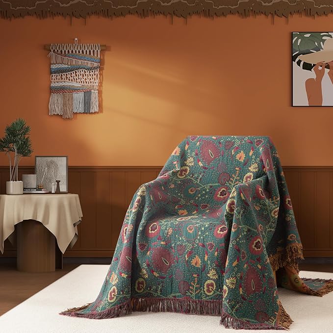Boho Throw Blanket Full Size, Extra Large Soft Cozy Cotton Muslin Quilt Blanket for Bed Decor, Floral Patterned Couch Sofa Chair Cover, Vintage Farmhouse Cottage Woven Blanket, Green&Orange