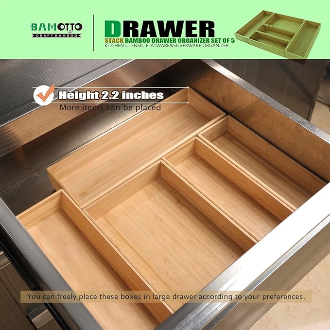 Stack Bamboo Drawer Organizer Set of 5, Kitchen Utensil, Flatware&Silverware Organizer-Wood Laminated Stackable for Kitchen, Bedroom, 13.4''x4.5''*2+10.2''x3.3''*2+10.2''x6.7''*1