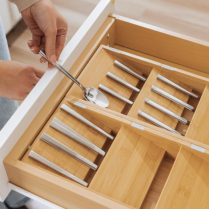 Premium Cutlery, Flatware, and Silverware Drawer Organizer – Slanted 3-Compartment Design with Labeled Slots, Non-Slip Feet, 100% Sustainable Bamboo, 2 Pack