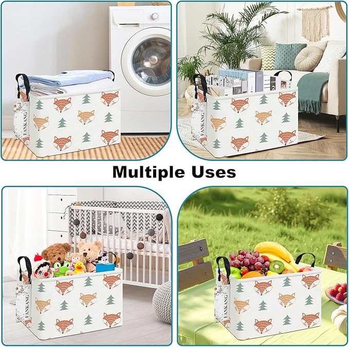FANKANG Storage Bins, Nursery Hamper Canvas Laundry Basket Foldable with Waterproof PE Coating Large Storage Baskets for Kids Boys and Girls, Office, Bedroom, Clothes,Toys(Rec-Fox )