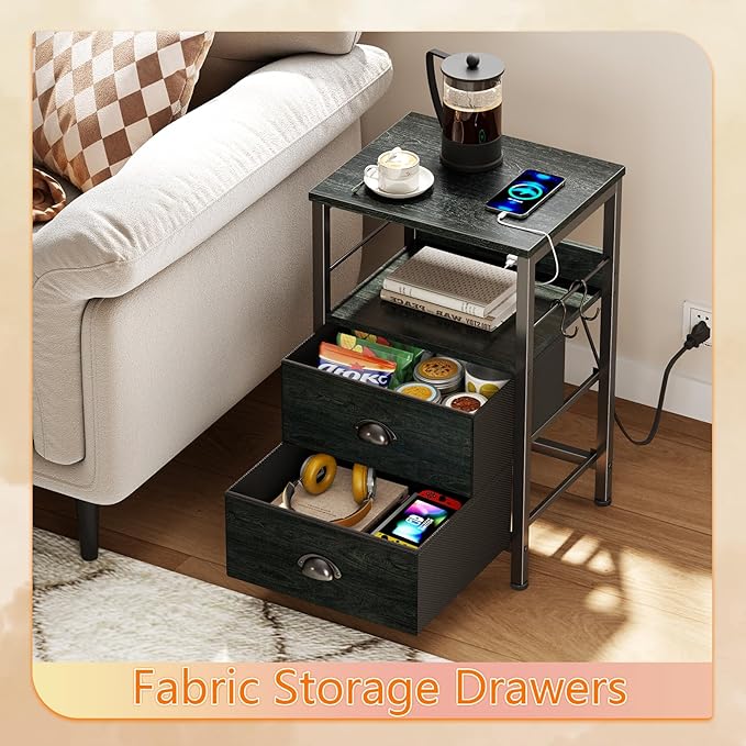 Furologee Nightstand Set of 2, Black Oak, with Charging Station and USB Ports, Side Tables with 2 Fabric Drawers, Bedside Tables with Storage Shelf & Hooks, for Living Room/Bedroom