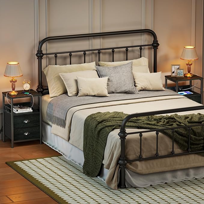 Furologee Nightstand Set of 2, Black Oak, with Charging Station and USB Ports, Side Tables with 2 Fabric Drawers, Bedside Tables with Storage Shelf & Hooks, for Living Room/Bedroom