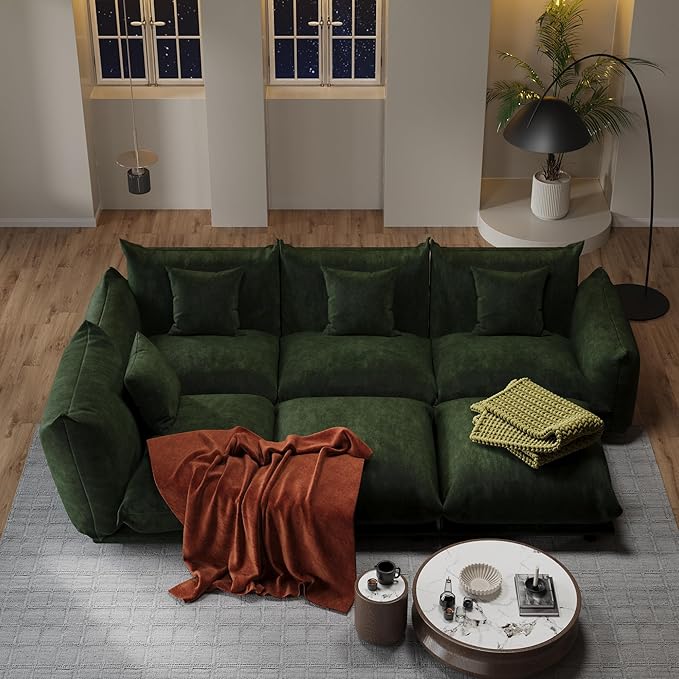 Modern Minimalist Chenille Modular Sectional Sofa, Oversized Deep-Seat U-Shaped Couch with Movable Ottoman, Thick Cushions, Upholstered Sofa for Living Room, Bedroom, Office, Apartment Green 2 Ottoman