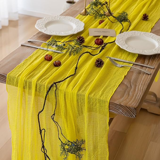 Yellow Table Runner Rustic Gauze Cheesecloth Table Runner 120 Inch 10 FT for Wedding Baby Shower Bridal Shower Engagement Garden Party Long Sheer Home Decorations