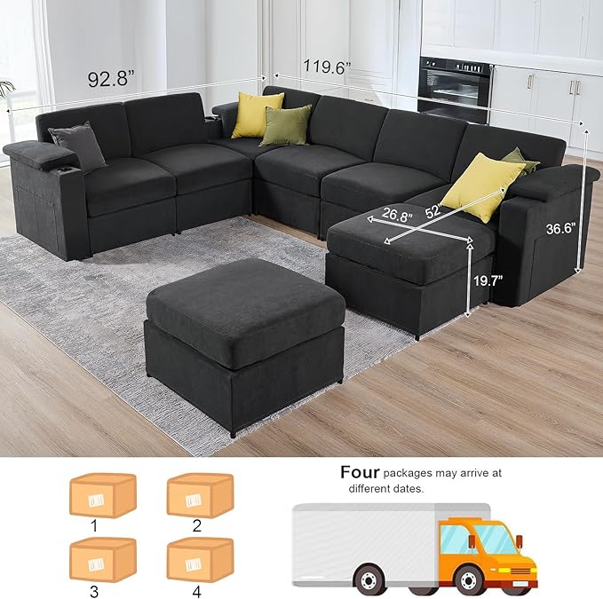 Modular Sectional Sofa Couches for Living Room Velvet Cloud Couch Oversized U Shaped Sectional Couch Convertible Sleeper Sofa Chaise Padded Armrests Cup Holder (Grey, 8 Seats)