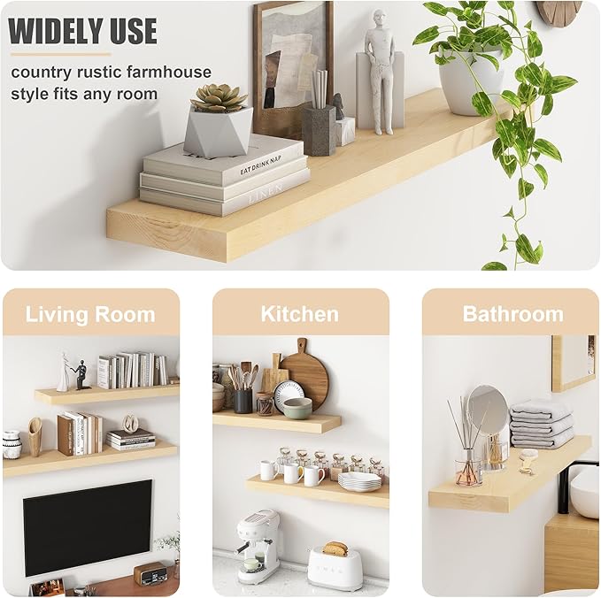 Floating Shelves for Wall, USA-Sourced Maple Wood 24 Inch Wall Shelves Set of 2, Natural Wooden Mounted Picture Ledge Shelf, Nursery Book Storage Shelf Kids Bookshelf, Display Shelf for Bathroom