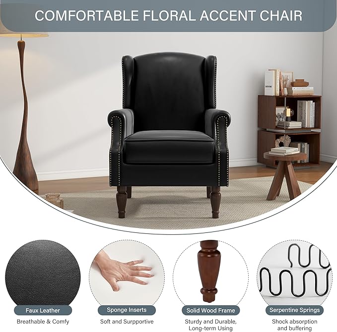 UIXE Faux Leather High Back Accent Chairs Set of 2, Upholstered Armchair for Living Room, Retro Wingback Arm Chair Nailhead Trim Single Sofa Bedroom Reading Seat with Solid Wood Legs - Black