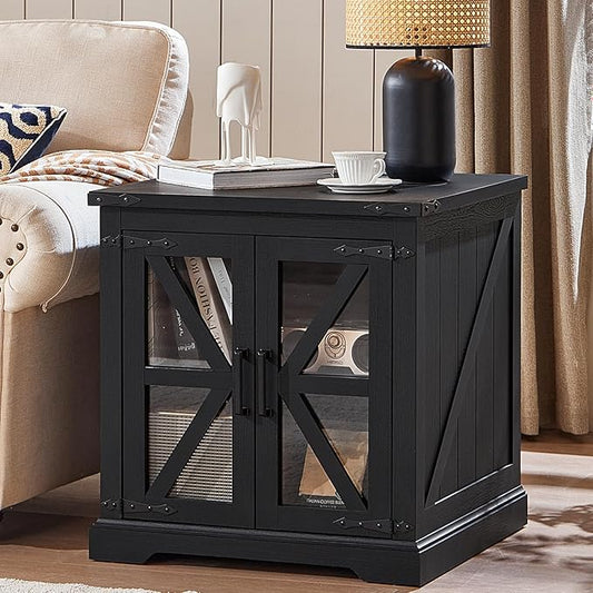 24" End Table with Charging Station, Farmhouse Night Stand with Glass Barn Door, Black Nightstands with Adjustable Storage Shelf, Large Wood Square Bed Side Table for Living Room,Bedroom