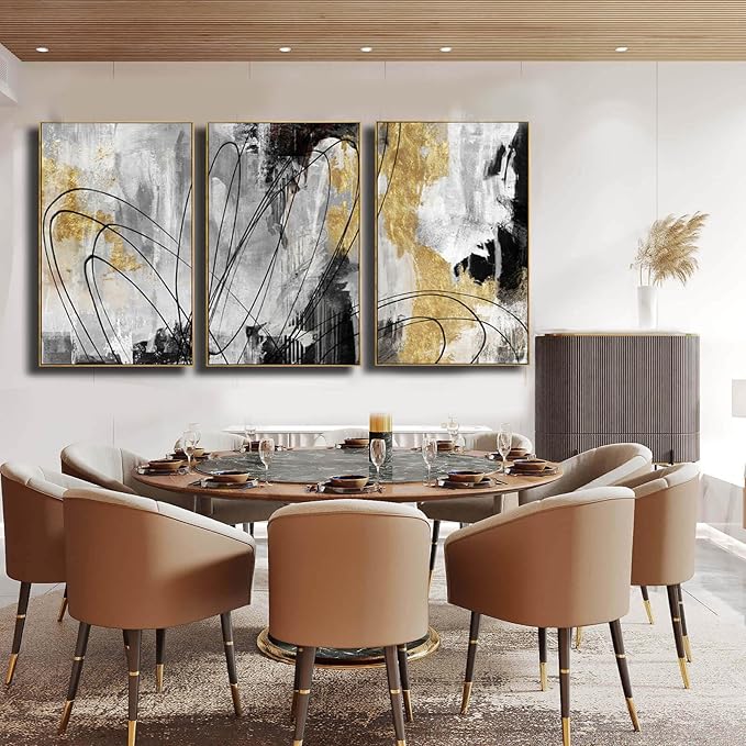 YJYart Gold Wall Art Abstract Wall Art Living Room Decor Black and White Canvas Picture Home Decor Wooden Frame Line Paintings Modern Artwork Office Decor 24"x 36"x 3 Pieces