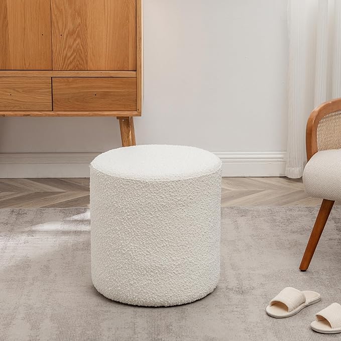 KINWELL 34" Boucle Swivel Barrel Chair with 18" Round Ottoman Set, Fully Assembled Set of Sherpa Accent Chair and Footrest, Modern Comfy Armchair and Footstool for Living Room and Bedroom, Cream