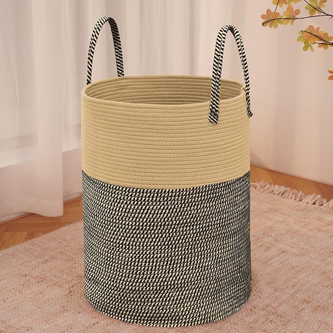 Large Woven Laundry Basket Hamper,80L Cotton Rope Storage Bin for Blankets,Toys and Clothes,Decorative Tall Nursery Hamper for Living Room,Baby Nursery,Bathroom and Bedroom,Brown and Black