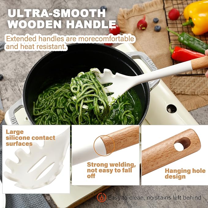 QMVESS Silicone Cooking Utensils Set, Kitchen Utensils Set 7 Pcs with Long Wooden Handle, Food Grade and Heat Resistant Large Silicone Spatula Set for Nonstick Cookware, BPA Free(White)