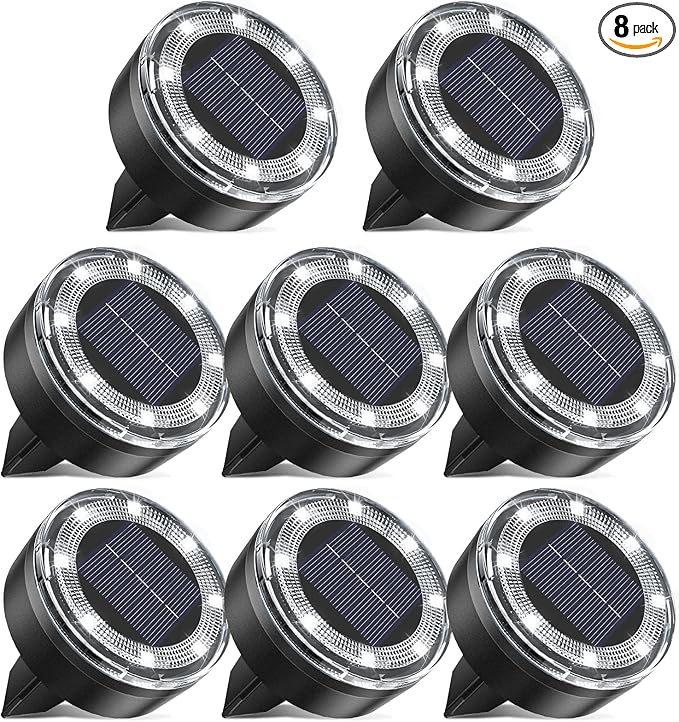 Mini Outdoor Solar Lights,8 Pack Solar Garden Lights for Outside IP65 Waterproof, 8 LED Disc Landscape Lighting for Garden Yard Driveway Walkway Poolside Deck Lawn Patio,Cold White