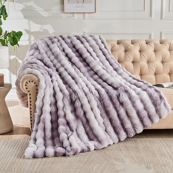 Lotus Karen Faux Fur Throw Blanket Tie-Dye Purple - Big Bubble Rabbit Fluff Blanket for Couch,Small Fluffy Fuzzy Cozy Blanket,Thick Furry Plush Shaggy Blankets,60x80 Inches