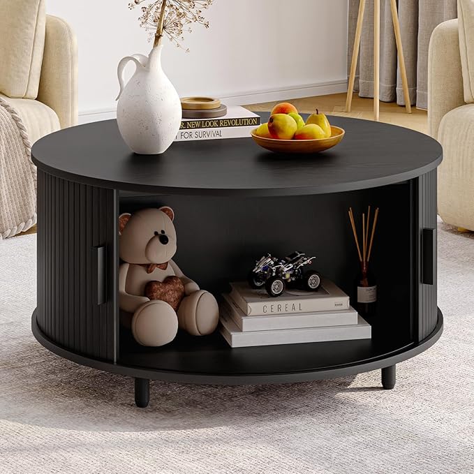 Round Coffee Table with Storage, 31.5" Modern Coffee Table with 360° Curved Sliding Door, Fluted Wood Accent Coffee Table with Adjustable Footpads, Round Center Table for Living Room, Black